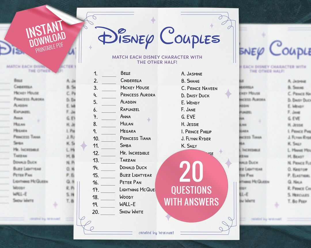 Disney Couples Match up Trivia Game, Printable Party Games, Party Game ...