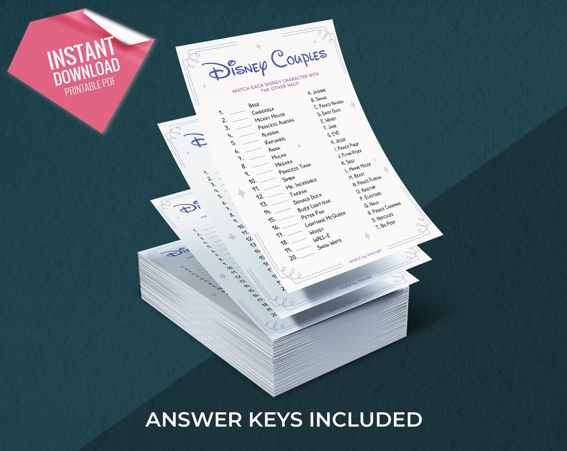 Disney Couples Match up Trivia Game, Printable Party Games, Party Game ...
