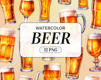 Clipart de cerveza de acuarela - Vaso de cerveza PNG - Uso comercial - Clipart de cóctel de taza de cerveza - Ilustraciones de bebidas - Fabricación de tarjetas -Descarga digital