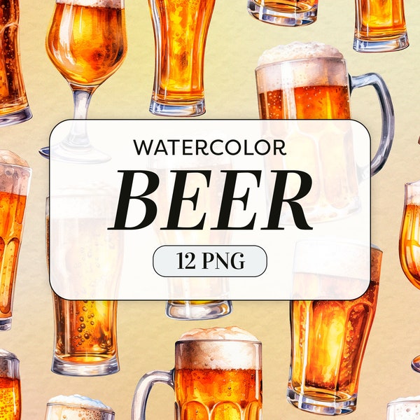 Watercolor Beer Clipart - Beer Glass PNG - Commercial Use - Beer Mug Cocktail Clipart - Drinks Illustrations - Card Making -Instant Download