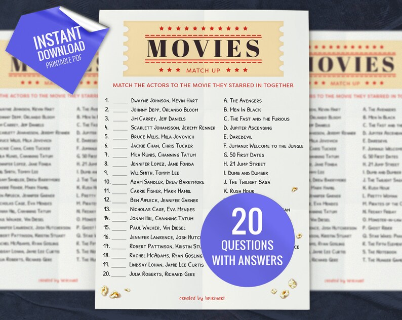 Movies Match up Trivia Game, Printable Party Games, Party Game for Kids