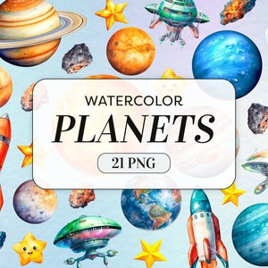 Aquarel planeten clipart - zonnestelsel PNG - commercieel gebruik - raket clipart - planeten illustraties - kosmische ruimte PNG - digitale download