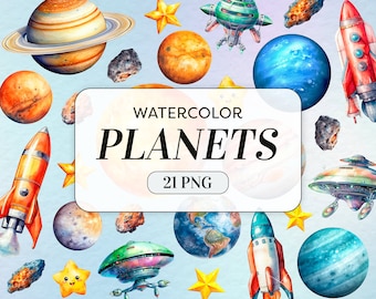 Clipart di pianeti ad acquerello - Sistema solare PNG - Uso commerciale - Clipart di razzi - Illustrazioni di pianeti - Spazio esterno PNG - Download digitale