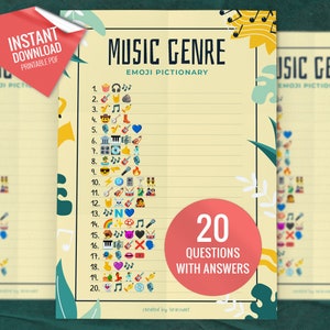 Género musical Emoji Pictionary, Emoji Quiz, Juego Emoji, Juegos de fiesta imprimibles, Actividad familiar divertida, Actividad de juego de ducha divertida, Descarga digital