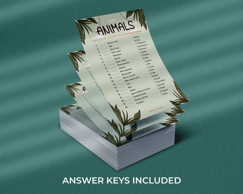 Animals Match up Trivia Game, Printable Party Games, Party Game for ...