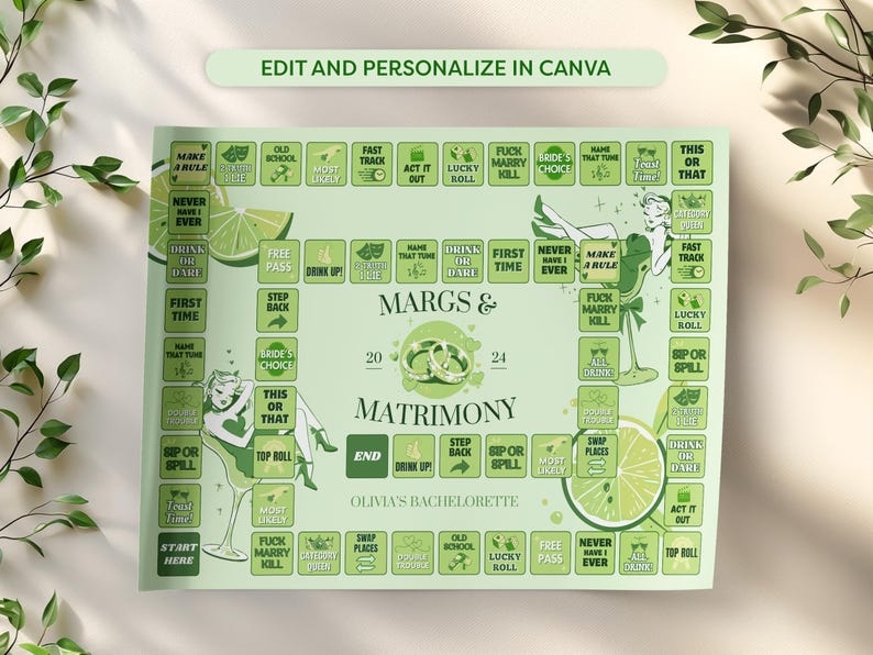 Bachelorette Party Board Game, Margs & Matrimony, Editable Printable