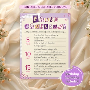 Könnte beinhalten: Druckbare Foto-Challenge-Spielkarte mit einem lila und rosa Design. Die Karte enthält eine Liste von Foto-Herausforderungen mit Punktwerten für jede Herausforderung. Der Text auf der Karte lautet "Photo Challenge" und "Geburtstagseinladung inklusive".