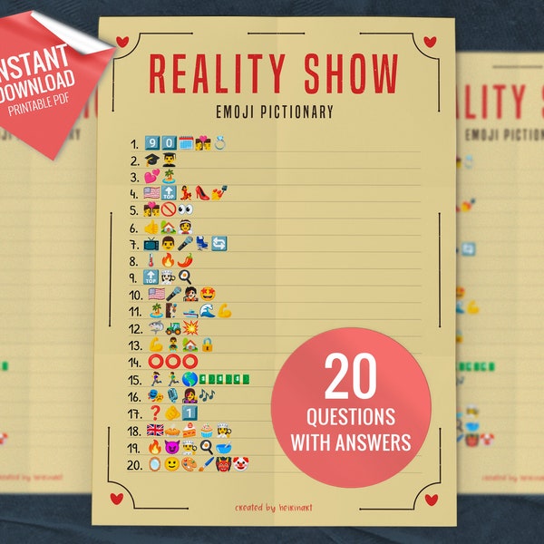 Reality Show Emoji Pictionary, Printable Party Games, Emoji Quiz Game, Reality TV Show Game, Party Game Activity, Instant Download