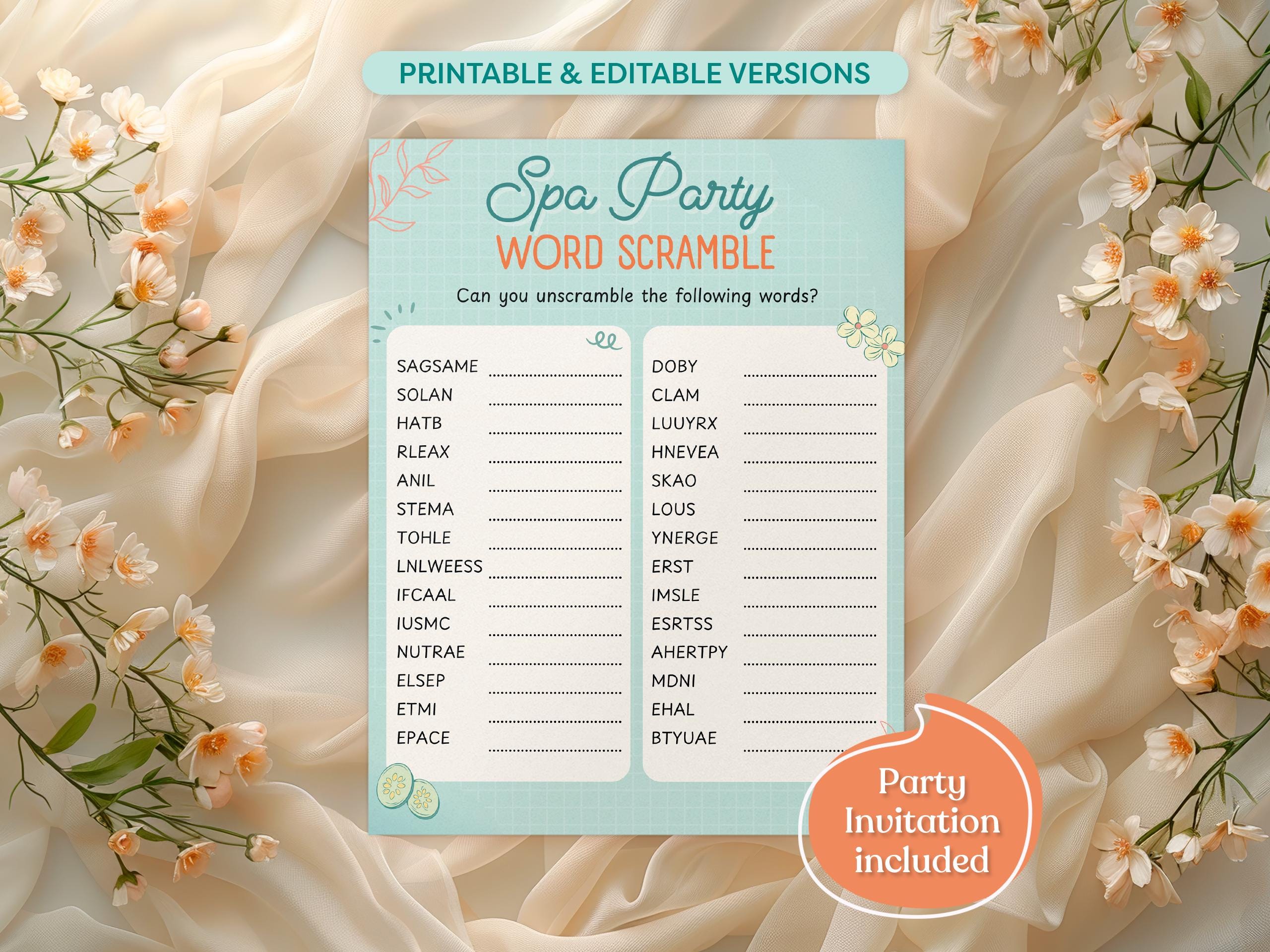 Word Scramble Spa Party Game, Printable & Editable Game, Fun Teens Tweens Slumber Party Activity, Spa Theme Birthday Game, Canva Template