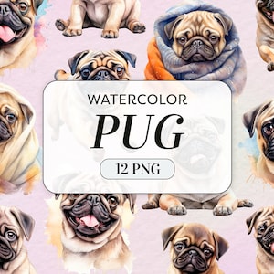 Watercolor Pug Clipart - Pet Dog Portrait - Commercial Use - Cute Dog Clipart - Watercolor Puppy Images - Junk Journal - Digital Download