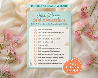 Pode incluir: Uma lista de caça ao selfie para uma festa de spa imprimível com um fundo azul claro e flores cor-de-rosa. A lista inclui 12 itens para tirar selfies, como um roupão de spa, fatias de pepino, uma chávena de chá e uma máscara facial. O texto "Convite para a festa incluído" está num círculo cor-de-rosa no canto inferior direito.