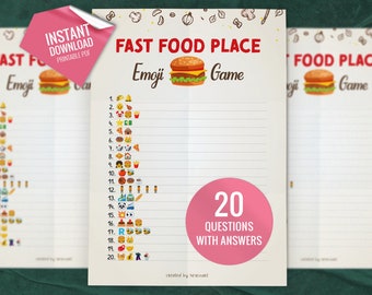 Jogo de emoji de fast food place, jogos de festa para impressão, atividades divertidas em família, jogo de festa para crianças e adultos, jogos de banho, download digital