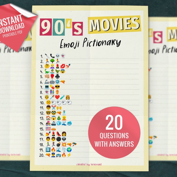 90s Movies Emoji Pictionary, Printable Party Games, Fun Family Activity, Fun Shower Game Activity, Instant download