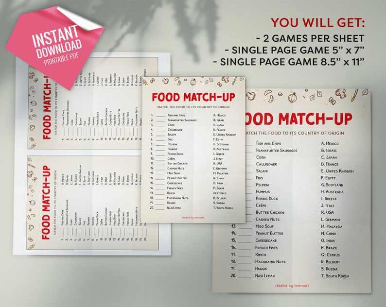 Food Match up Trivia Game, Printable Party Games, Party Game for Kids