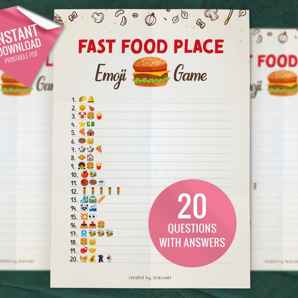 Fast Food Place Emoji Game, Printable Party Games, Fun Family Activity, Party Game for Kids and Adults, Shower Games, Instant download