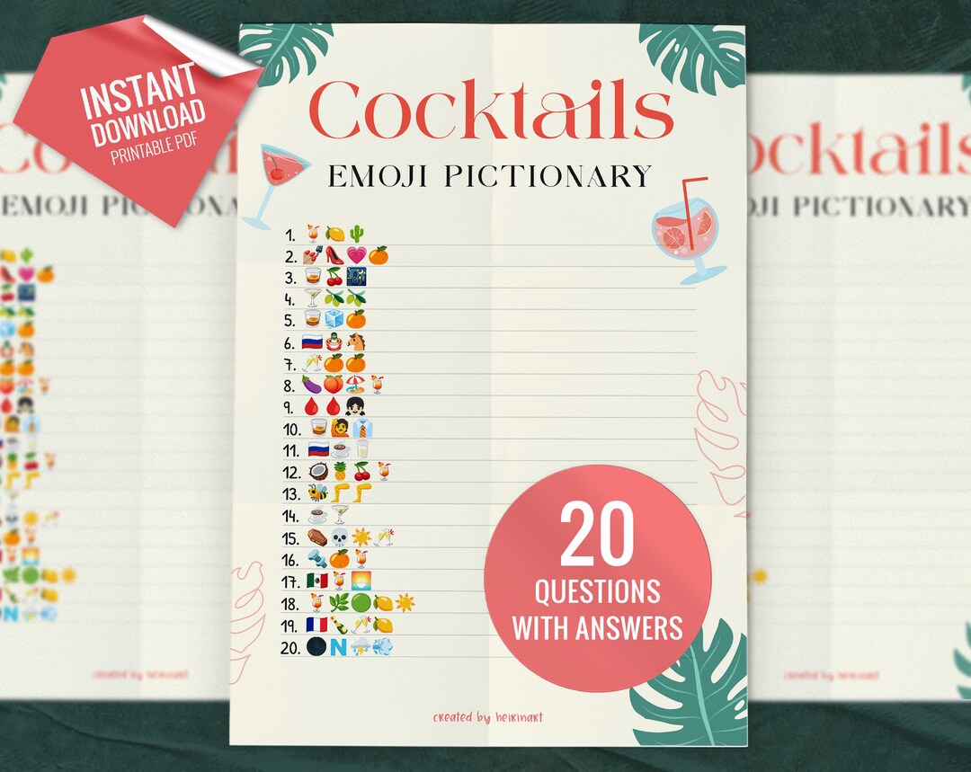 Cocktails Emoji Pictionary, Printable Party Games, Hen Party Games, Fun