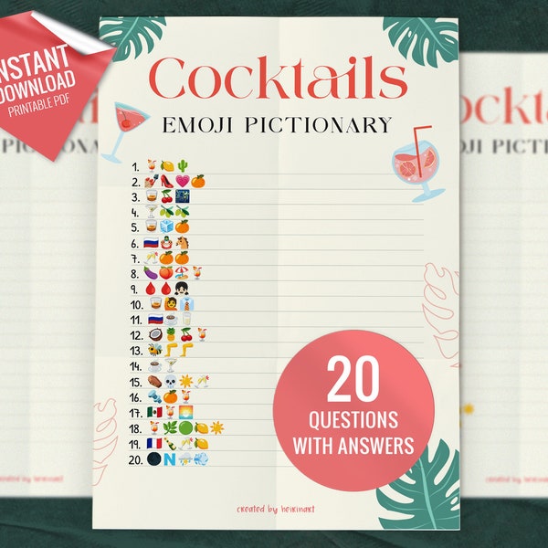 Cocktails Emoji Pictionary, Printable Party Games, Hen Party Games, Fun Party Game, Bachelorette Party Game, Girls Night, Instant Download