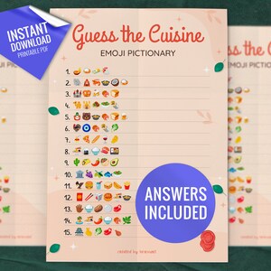 Guess the Cuisine Emoji Pictionary, Printable Party Games, Food Emoji Game, Fun Shower Activity, Cuisine Emoji Quiz, Digital Download