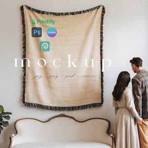 Cottagecore Decorative Woven Blanket Mockup, Woven Jacquard Fringed Blanket PSD, POD Vintage Woven Throw Blanket for Decoration Mockup Canva