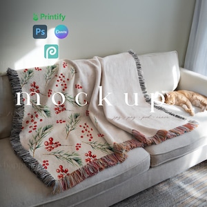 Woven Blanket Mockup with Black and White Fringe, Woven Jacquard Fringe Blanket Canva, Woven Throw Blanket Mockup,Printify Blanket Photoshop