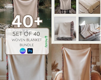 Könnte beinhalten: Set mit 40 gewebten Decken in beige mit einem mehrfarbigen Fransenbesatz. Die Decken sind in verschiedenen Umgebungen zu sehen, darunter auf einem Bett, auf einer Couch und in den Händen einer Person. Der Text "40+ SET OF 40 WOVEN BLANKET BUNDLE" ist auf dem Bild zu sehen.