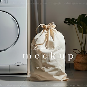 Maquette de sac à linge personnalisable | vos créations sur des sacs à linge | Maquette de sac fourre-tout à linge en toile | Fourre-tout pour laverie | Maquette de sac à cordon PSD