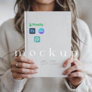 May include: White mockup book with the text "mockup" and the logos for Printify, Photoshop, Canva, and a design app. The text "jpg, png, psd, canva" is written below the mockup.