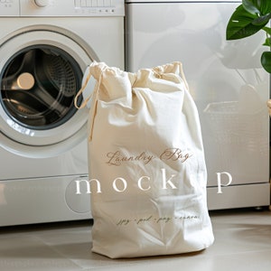 Maquette de sac à linge personnalisable | vos créations sur des sacs à linge | Maquette de sac fourre-tout à linge en toile | Fourre-tout pour laverie | Maquette de sac à cordon PSD