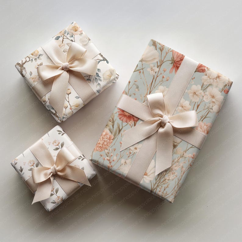 May include: Three wrapped gifts with floral patterned paper and cream-colored satin ribbons. The gifts are in varying sizes, with the largest featuring a light blue background and peach-colored flowers.
