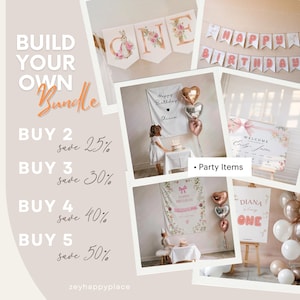 May include: A collage of party decorations, including banners, balloons, and signs. The banners spell out "ONE" and "HAPPY BIRTHDAY." The decorations are in soft pink and gold tones, with floral accents. The text "Party Items" is also visible.