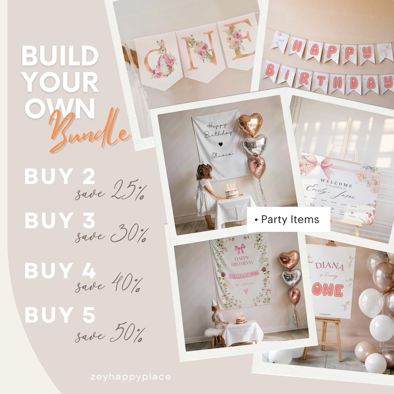 May include: A collage of party decorations, including banners, balloons, and signs. The banners spell out "ONE" and "HAPPY BIRTHDAY." The decorations are in soft pink and gold tones, with floral accents. The text "Party Items" is also visible.