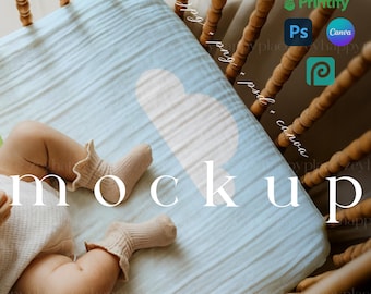 Baby Bettlaken Mockup Canva Vorlage Land Schick Kinderzimmer Textil Mockup Kindergarten Bettwäsche Musterdesign Kindergarten Oberflächenmuster Photoshop