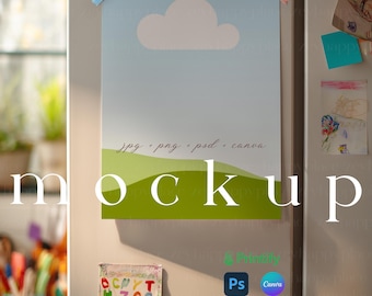 Coloring Page Mockup on Refrigerator PSD Kids 8.5 x 11" Coloring Pages Canva Template Activity Book Mockup Paper Mockup Drawing Page Mockup