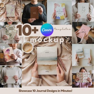 Puede incluir: Un collage de 10 diseños de diarios diferentes, mostrando varios estilos y colores. Los diseños incluyen patrones florales, arte abstracto y texto simple. El texto en los diarios incluye "Daily Planner", "My Daily Journal 2025", "2025" y "ASH".