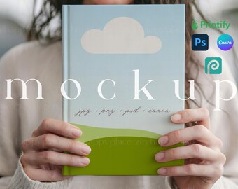 May include: A woman holds a blue and green book mockup with a white cloud and the text "mockup" and "jpg, png, psd, canva".