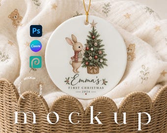 Ornament Mockup Nursery Theme, First Christmas Ornament Mockup, Ceramic Christmas Ornament Display Canva Template + PSD