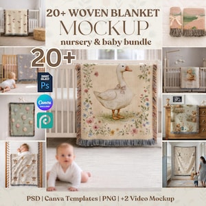 Puede incluir: Una maqueta que presenta varias mantas tejidas para bebés con diferentes diseños, incluyendo un ganso, globos aerostáticos y ositos de peluche. Las mantas se muestran en un entorno de guardería, mostrando el paquete de guardería y bebé.