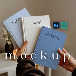 May include: Three notebooks are held in a person's hands. The notebooks are in light blue and white, with the names "OLIVIA", "JAMIE", and "HANNAH" printed on them. The word "mockup" is at the bottom of the image.