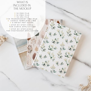 May include: Three notebooks with different floral and abstract designs. The notebook on the right has a white background with a yellow and green floral pattern. The text in the image says "WHAT IS INCLUDED IN THE MOCKUP" and lists the files included.