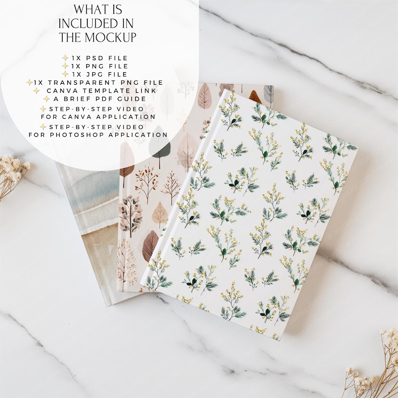 May include: Three notebooks with different floral and abstract designs. The notebook on the right has a white background with a yellow and green floral pattern. The text in the image says "WHAT IS INCLUDED IN THE MOCKUP" and lists the files included.