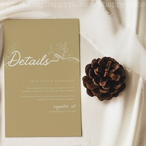 May include: A tan card with white text and floral illustrations. The text reads "Details", "Your Stay & Transport", "the rooms for your stay are reserved at the Downtown hotel for the 27th and 28th of March", "transportation will be provided on the day of the wedding to and from the reception", "register at", "zeyhappyplace.etsy.com".