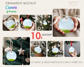 May include: Ten round, white ceramic ornaments with a blue sky and green grass design. The ornaments are hanging on a Christmas tree and in a person's hand. The text "10 DRAG & DROP MOCKUPS CANVA TEMPLATE" is at the bottom of the image.