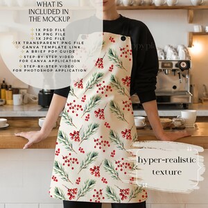 May include: A white apron featuring a red berry and green leaf pattern. The text "hyper-realistic texture" is in the bottom right corner of the apron.