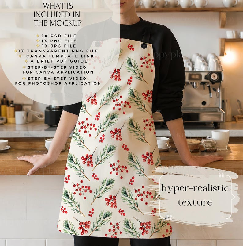 May include: A white apron featuring a red berry and green leaf pattern. The text "hyper-realistic texture" is in the bottom right corner of the apron.
