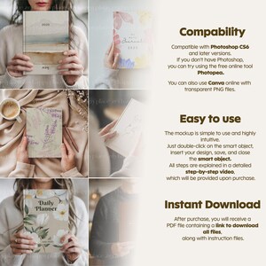 May include: A collection of mockups for journals and planners. The journals feature watercolor designs, floral patterns, and the text "2025" and "Daily Planner." The image also includes text about compatibility, ease of use, and instant download.