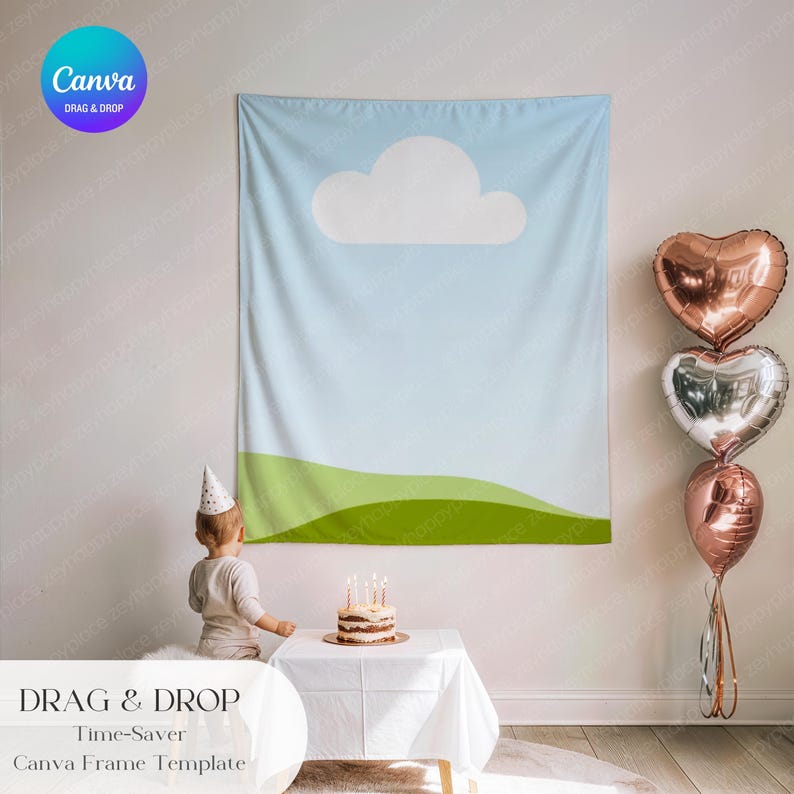 May include: A light blue backdrop with a white cloud and green hills, used as a Canva frame template. A child in a party hat stands near a cake with candles. Heart-shaped balloons in rose gold and silver are on the right.