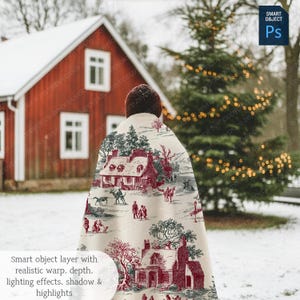 May include: A person wearing a cream-colored cape with a red and gray toile print featuring a village scene. The cape is draped over the shoulders, with a red house and a Christmas tree in the background. The text on the image says "Smart object layer with realistic warp, depth, lighting effects, shadow & highlights."