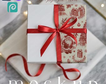 Minimalistisches Weihnachtsgeschenkpapier Mockup mit roter Schleife Geschenkpapier Mockup Canva Geschenkverpackung Box Mockup Urlaub Geschenkbox Mockup Drag & Drop PSD