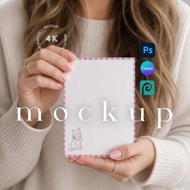 以下が含まれることがあります： ピンクと青のボーダーが付いた白いカードが、人の前で持たれています。カードには「mockup」という文字と猫のイラストが印刷されています。カードには「High Quality 4K Realistic」という文字も印刷されています。