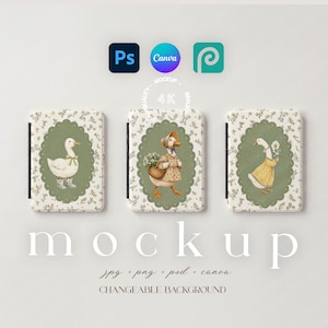 May include: Three rectangular mockups with duck illustrations. Each mockup features a different duck design within a green scalloped frame, set against a floral background. The word "mockup" is displayed below, along with file type information and "changeable background".